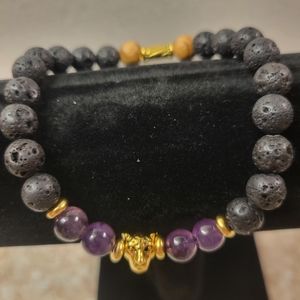 Men's Gold, Black Lava, Wooden and Natural Amethyst Stretch Bead Bracelet